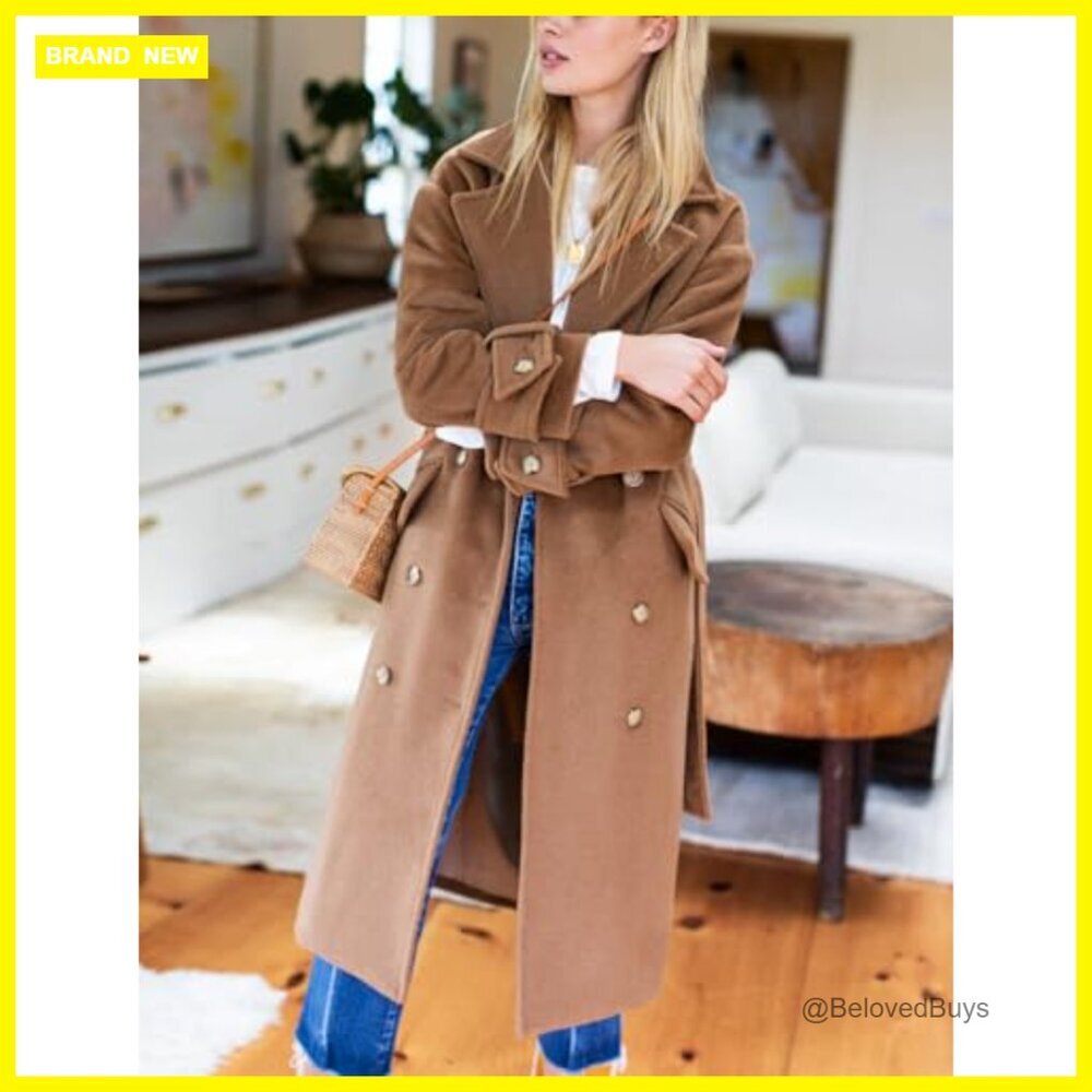 Long Wool Pea Coat Double Breasted Trench Belted Overcoat Below Knee - Picture 3 of 5
